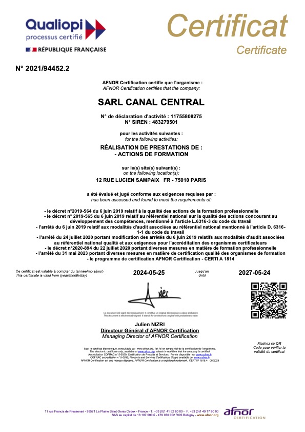 Certificat Qualiopi CanalCentral